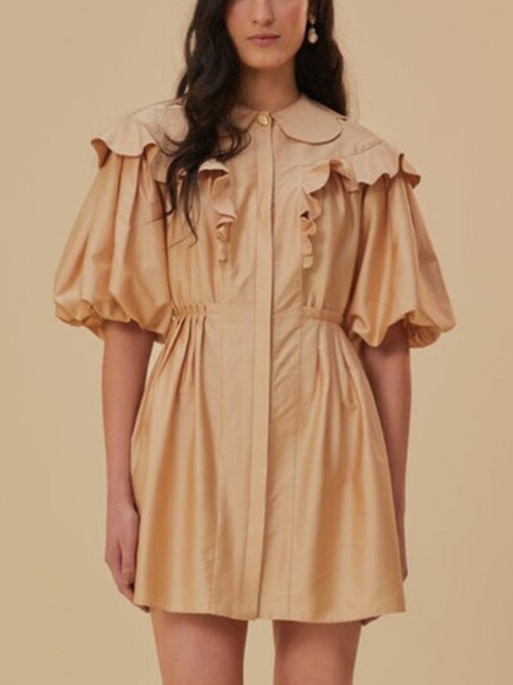 FARM Rio Beige Puff-Sleeve Ruffled Mini Dress